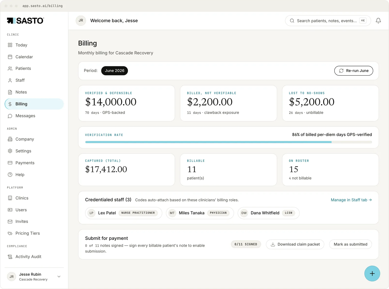 The Sasto billing dashboard showing verified per-diem days