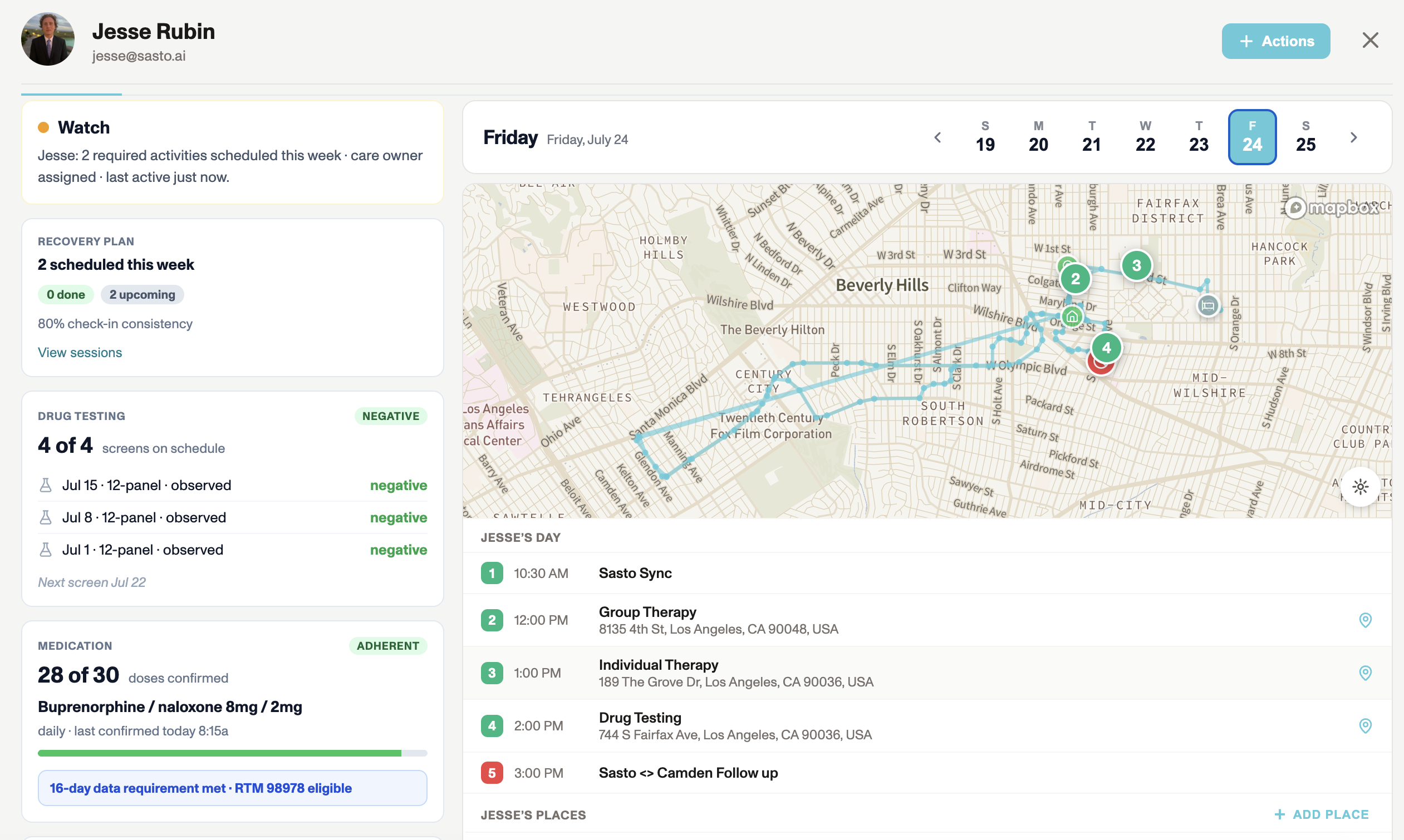 A Sasto patient file showing recovery plan, screen results and route history